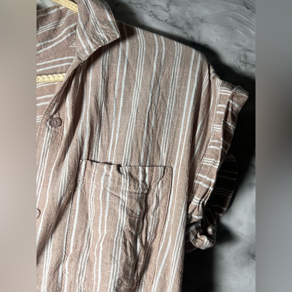 Linen Cotton Blend Taupe Cream Verticle Stripe Tie Shirt Dress Pockets M Resort - Picture 6 of 8